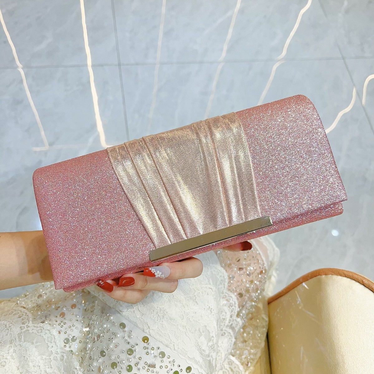 New Clutch Sequin Pleated Women's Evening Flap Luxurious Shoulder Crossbody Bag