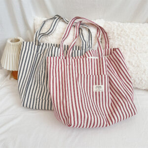 4891 Holiday French Style Striped Canvas Versatile Large Capacity Shopping For Women Lightweight Commuter Shoulder Bag