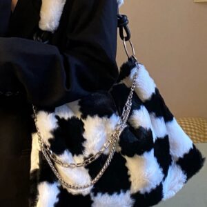 Y2K Spicy Girls Chessboard Checker Small Crowd Tote Large Capacity One Shoulder Portable Plush Bag Tide Autumn And