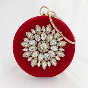 Velvet Bag With Bracelet, Diamond-Studded Evening Floral Handheld Bridal Party Bag, Small Round Handbag