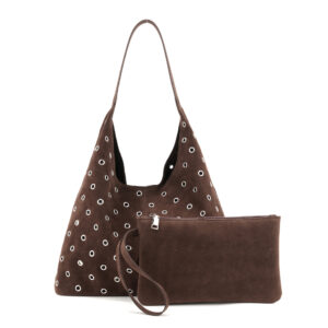 ​​Women’s Velvet Bucket With Studs And Lettering, Magnetic Closure, Spacious Two-Piece Set For Everyday Style​​ Hollowed