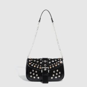 Trendy Punk Style Mini Crossbody Bag – Shoulder Handheld Small Square Purse With Studs & Chain Strap (Black/Burgundy)