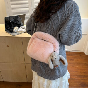 Bucket Bag With Faux Fur & Woven Details – Playful Crossbody Purse In Pastel Colors (Pink/Orange/Green/White, Magnetic