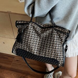Women’s Classic Checkered Tote – Large Capacity Wool Blend For Work, Travel & Everyday Fashion Retro Shoulder Messenger