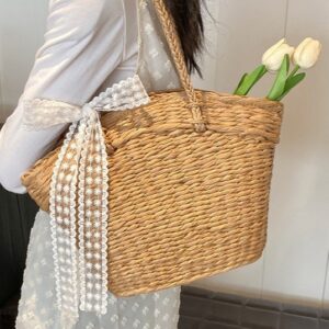 Large Capacity Straw Woven Women’s Beach Holiday Shoulder Bag Multi Color Linen Vegetable Basket With Adjustable Strap