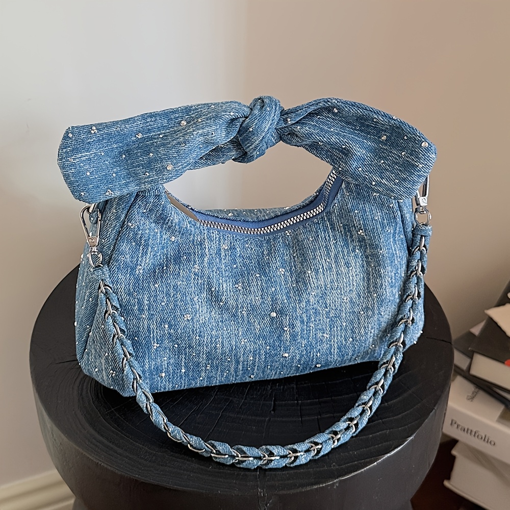 Knotted Denim Hobo Bag Women Braided Chain Crossbody Shoulder Handbag - Image 6