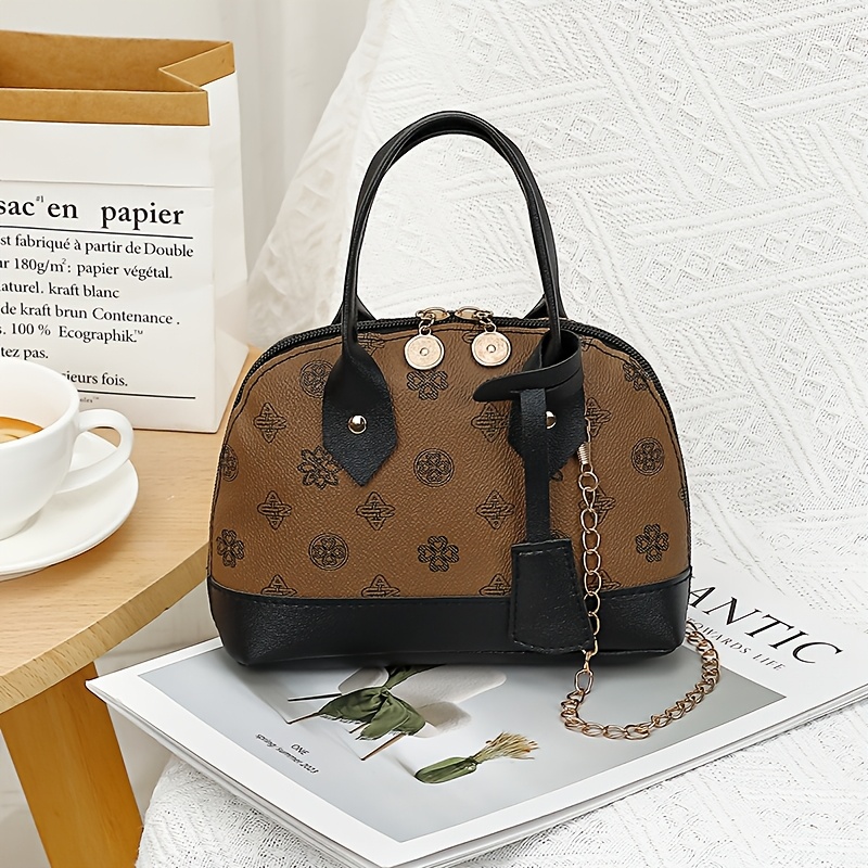 Printed Dome Women Crossbody Bag Contrast PU Trim Top Handle Chain Shoulder Handbag - Image 11