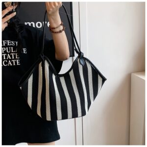 New Large-capacity Shoulder With Niche Design, Knitted Handbag, Versatile Striped Woven Tote Bag For Commuting