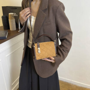 Retro Splicing Suede Underarm Bag Ladies Metal Tag Decor Thin Strap Mini Crossbody Shoulder Handbag