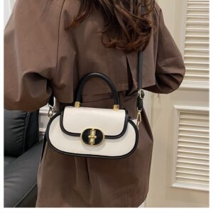 Retro Saddle Bag Women Contrast Trim Top Handle Handbag Metal Lock Crossbody Shoulder Purse
