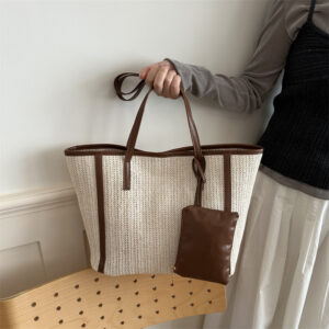 Vintage Straw Bag For Women, Commuter Shoulder Large Capacity Woven Tote Shopping Bag, Beach Vacation Handbag