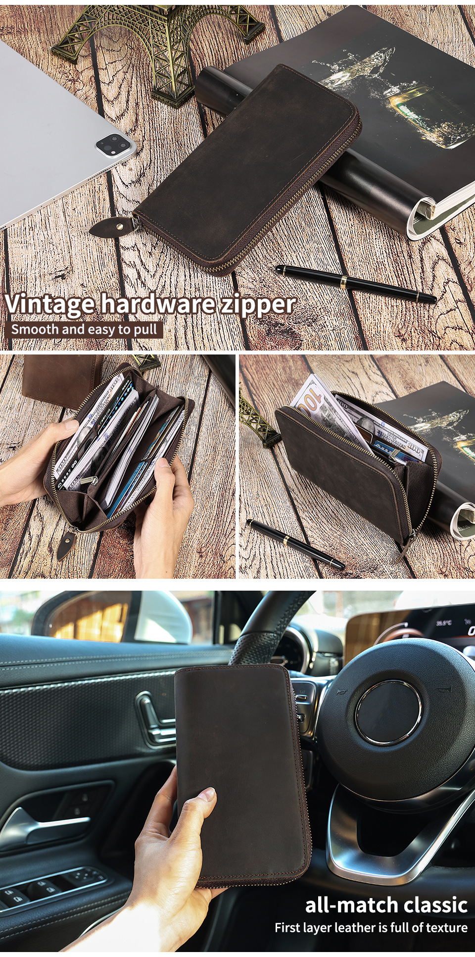Business retro long rfid large capacity clutch bag Men's leather money clip men's wallet - Image 8