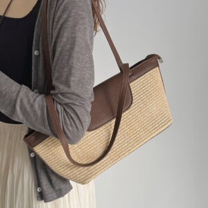 French Niche Casual Color-Block Straw Basket For Women, Handheld And Shoulder Tote Bag, Vintage Bucket Woven Bag