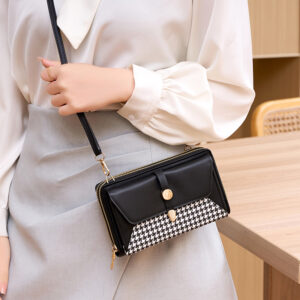 New Phone Bag For Women, Single Shoulder Crossbody, High-End Niche Houndstooth Bag, Large Capacity Double Zipper Wallet