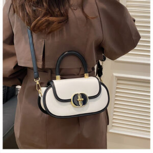 Retro Saddle Bag Women Contrast Trim Top Handle Handbag Metal Lock Crossbody Shoulder Purse