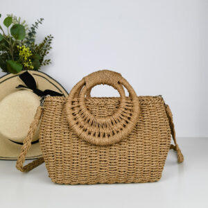Hand-woven straw double ring handle bulging belly cross-border boutique woven tote bag