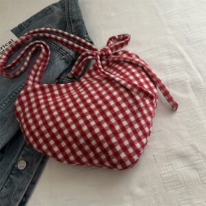 Cute Gingham Plaid Bow Knot Underarm Hobo Bag Retro Canvas Women Shoulder Handbag Preppy Style Daily Casual Tote Purse