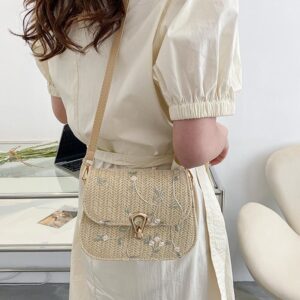 Fashion Flower Woven Saddle Bag Women Cute Straw Shoulder Trendy Casual Handbag Ladies Lace Embroidery Crossbody Bags