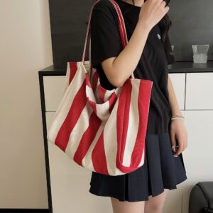 Women’s Light Luxury Striped Canvas Large Capacity Soft Shoulder Bag For Work Commute School Travel Student Commuting To