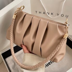 Vintage Ruched Armpit Bag Women Woven Strap Soft PU Leather Shoulder Crossbody Handbag