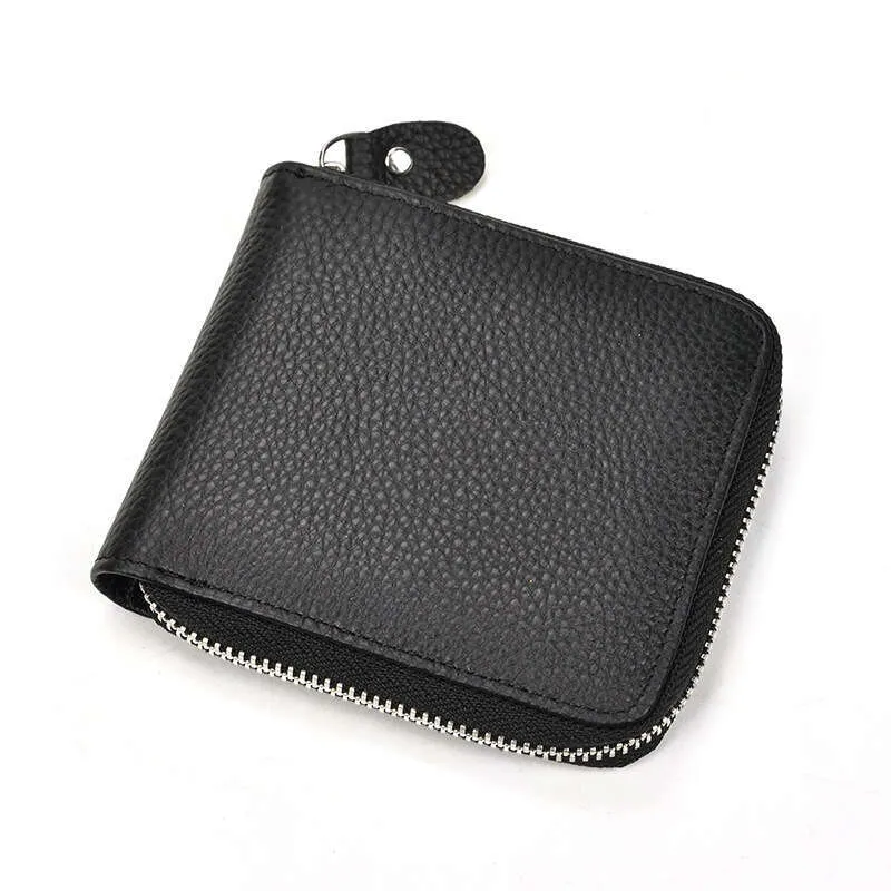 Men's Short Zipper Small Black Genuine Leather Multi-Card Slot Coin Purse Cowhide Wallet - Image 7