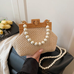 Summer Beach Vacation Pearl Chain Wooden Clip Woven Bag Fresh Single Shoulder Handbag For Women