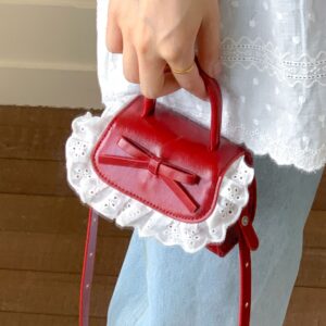 Women’s Fashion With Bowknot & Trim, Soft PU Medium Square Shoulder For Daily Outfits Lace Mini Handbag Crossbody Bag
