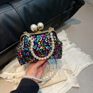 Clip Buckle Personality Trendy Beaded For Women Shiny Pearl Chain Handbag Crossbody Elegant Evening Bag