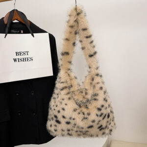 Large Fluffy Cow Print Tote Bag – Winter Fashion Shoulder Bag, Leopard Pattern Shopping Commute Handbag, Soft & Roomy