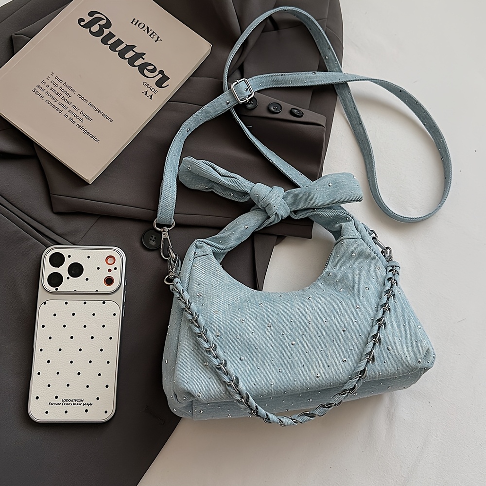 Knotted Denim Hobo Bag Women Braided Chain Crossbody Shoulder Handbag - Image 4