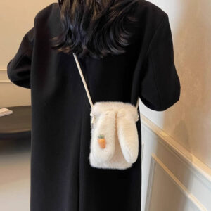 White Fluffy Rabbit Ear Crossbody Women Carrot Embroidery Plush Mini Phone Shoulder Bag