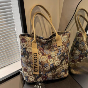Bear Embroidered Canvas Women 2026 New Casual Tote Bag Single Shoulder Large Capacity For Class And Commute