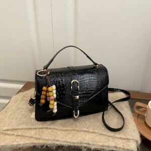 Textured Crossbody – Stylish Croc-Effect Shoulder Bag With Detachable Charm (Red/Black/Tan/Brown, Medium Size, Magnetic