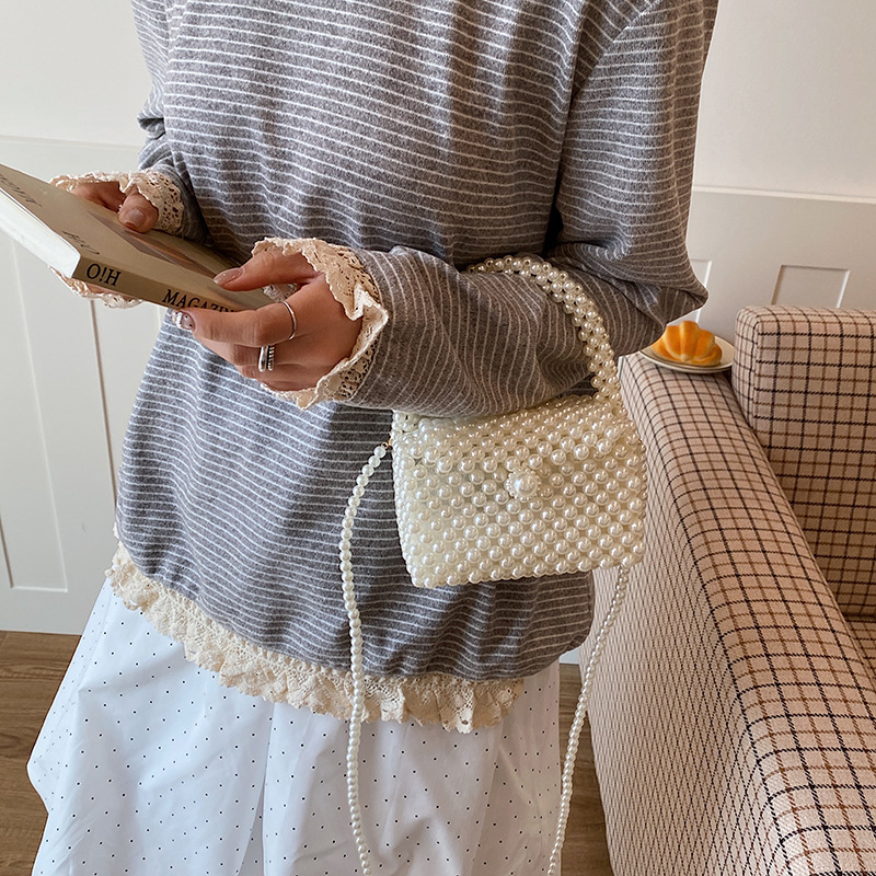 New Pearl Shoulder 2026 Summer Woven Mini Crossbody Purse High-Value Handheld Small Square Children's Bag - Image 3