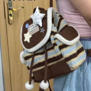 Women’s Fair Isle Plush Backpack Trendy Canelé Crossbody Bag For Autumn Winter Cute Handbag