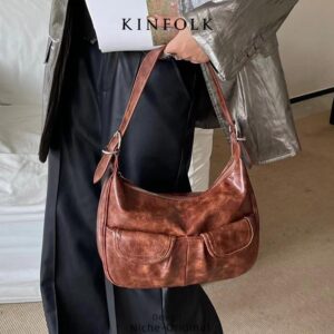 Vintage Leather Shoulder Bag Distressed Finish – Stylish Crossbody & Handheld Design For Women, Large Capacity With