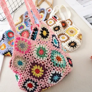 Women Tote Floral Crochet Large Capacity Knitted Trendy Handmade Cut-out Boho Bag Vintage Multicolor Hollow Out Handbag