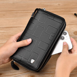 Genuine Leather Men’s Handbag – Large Capacity Long Wallet With Double Zipper, Business & Casual Phone Holder Clutch