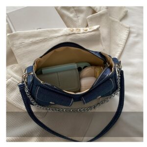 Denim Hobo Underarm For Women Chain Strap Double Pocket Retro Y2K Shoulder Crossbody Bag