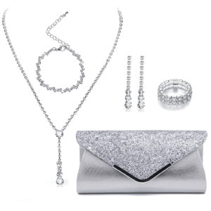 Women’s Jewelry Set – Elegant Rhinestone Necklace, Earrings, Bracelet Ring For Wedding, Party & Events Evening Bag,