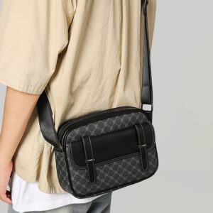 Vintage Courier Bag Multi-Function Work & Travel Crossbody For Men – Waterproof PU With Checkered Print (Black/Khaki)​