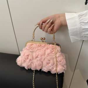 Champagne Colored Chiffon 3D Floral Evening Handmade Women’s Cheongsam Handbag with Chain Decoration Dress Bag