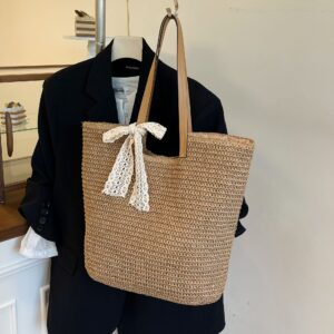 Women’s Woven Straw Tote – Large Capacity Light Luxury Beach Bag With Zipper Closure, Soft Fabric Lining, Multiple