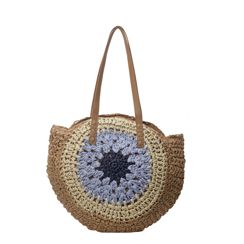Women's Large Color Block Vacation Beach Round Zipper Straw Bag - Image 5
