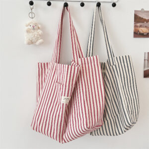 4891 Holiday French Style Striped Canvas Versatile Large Capacity Shopping For Women Lightweight Commuter Shoulder Bag