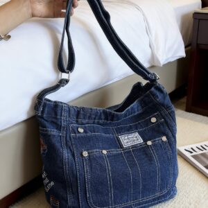 Large-capacity Heavy-duty Embroidered Patchwork Messenger Denim Bag, 2026 New Model, Multi-pocket Fashion Crossbody Bag