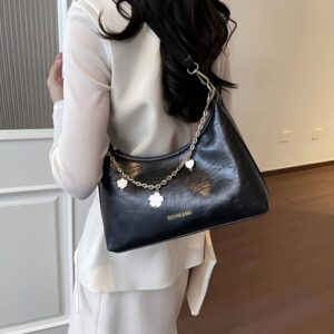 Black Crinkle Leather Moon Bag Women Flower Heart Chain Crossbody Shoulder Purse
