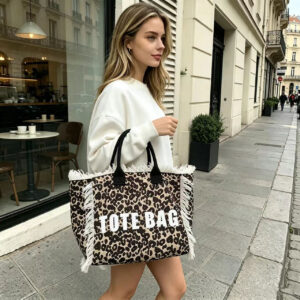 Fashion New Leopard Large Capacity Canvas English Print Shoulder Handbag Hand Carry Women’S Bag