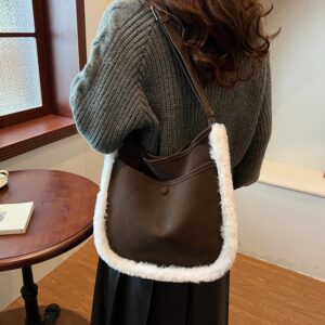 Women’s Retro Plush Shoulder Tote Bag Textured Frosted Large Capacity Fashion Handbag Zipper Closure PU Leather Multi