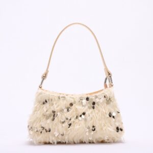 Women’s Fluffy Apricot Color Furry Feather High-end Small Sequin Shiny Evening Bag Handbag